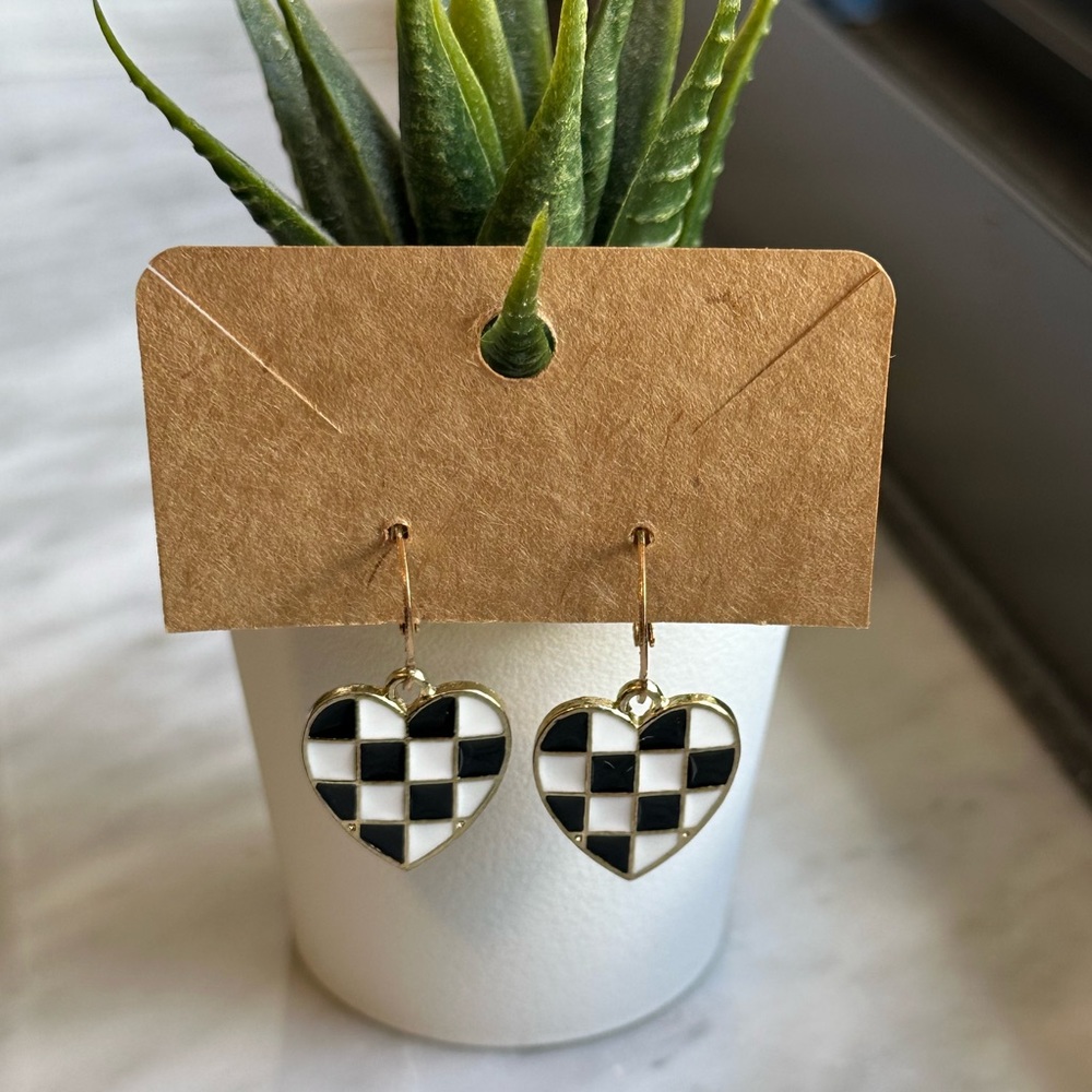Checker Heart Dangle Earrings